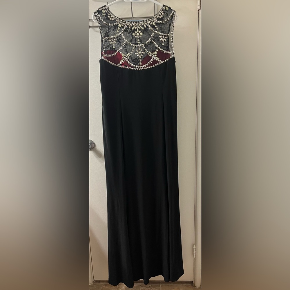 Betsy & Adam Black Formal Evening Long Gown with Pink Accent